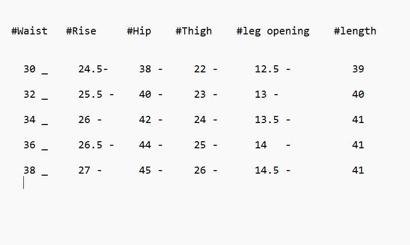 Size chart for Boss 3pcs Combo