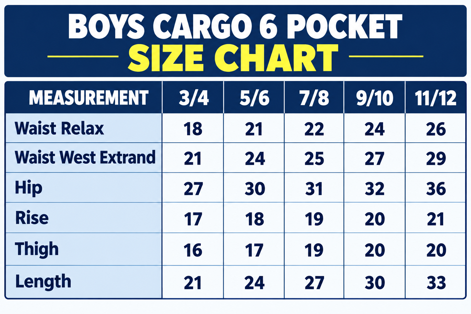 Size chart for Boys 6 Pocket Cargo Long Pant (Light Blue)