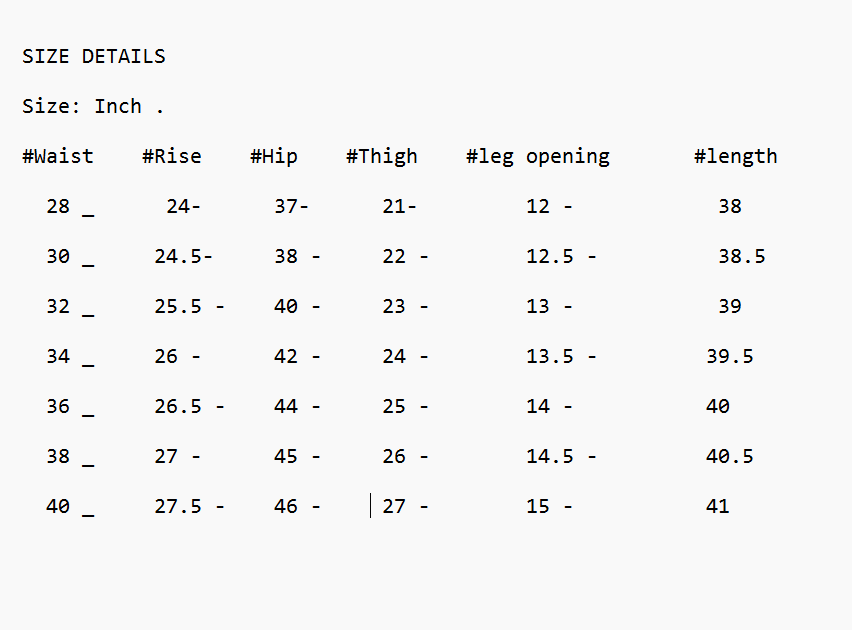 Size chart for Boss 3 pcs combo